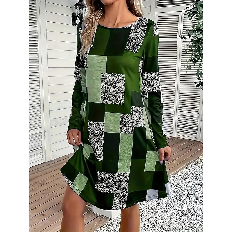 Women's Mini Dress Sheath Dress A Line Dress Fit And Flare Dress Party Casual Boho Party Wedding Guest Daily Regular Fit Graphic Geometric Plaid Long Sleeve Crew Neck Blue Purple Green Gray Spring3