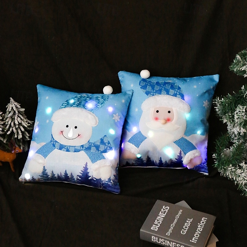 Christmas Pillow Cover with Light Santa Claus Snowman Cushion Case Illuminated Holiday Pillow Cover Festive Christmas Decoration Cozy Sofa Bed Accessory