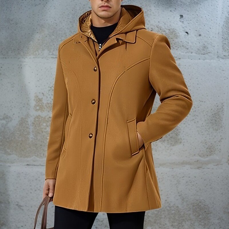 Men's Peacoat Trench Coat Vacation Daily Fall Winter Polyester Windproof Outerwear Clothing Apparel Fashion Classic Plain Pocket Hooded Zipper