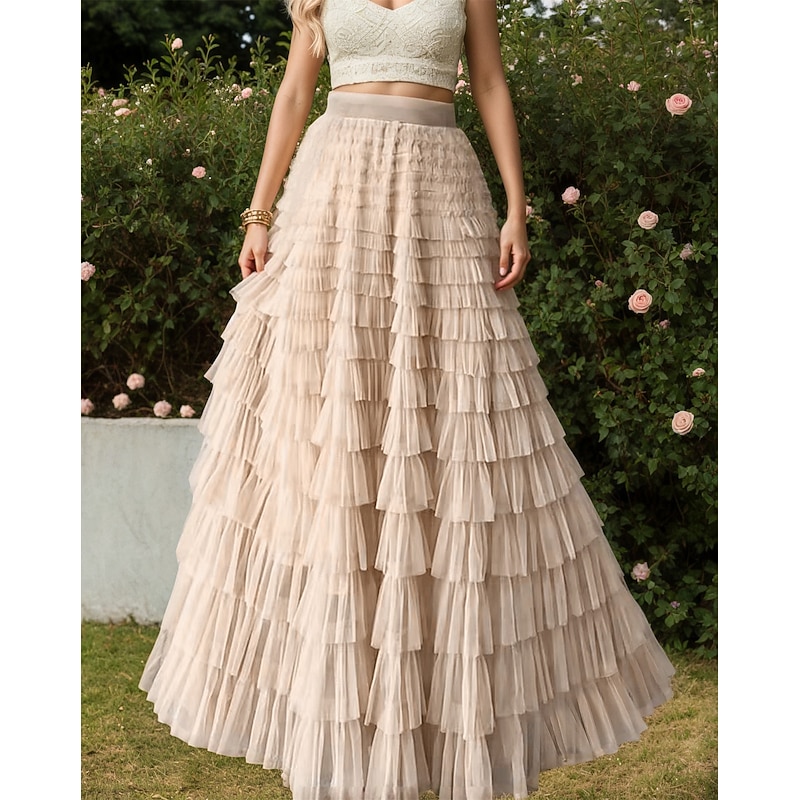 Women's Tutu Gauze Skirts Cute Princess Lolita Maxi High Waist Skirts Solid Colored Pleated Patchwork Layered Micro-elastic Party Holiday Apple Green Deep Purple Camel Apricot Spring, Fall, Winter2