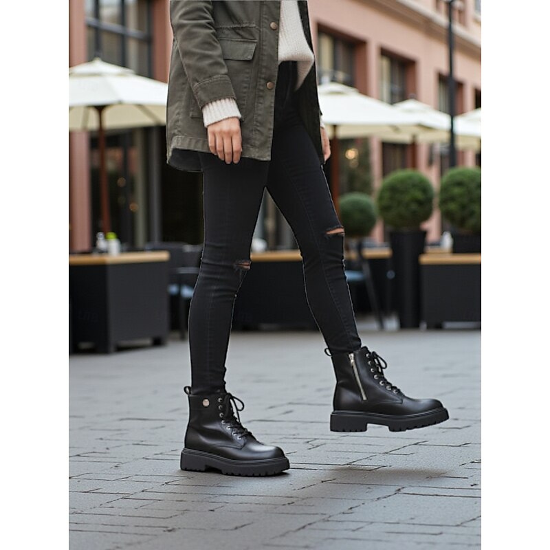 Women's Lace-Up Combat Boots - Chunky Sole Ankle Boots with Side Zipper and Strap Detail for Urban Streetwear and Casual Fashion Outfits2
