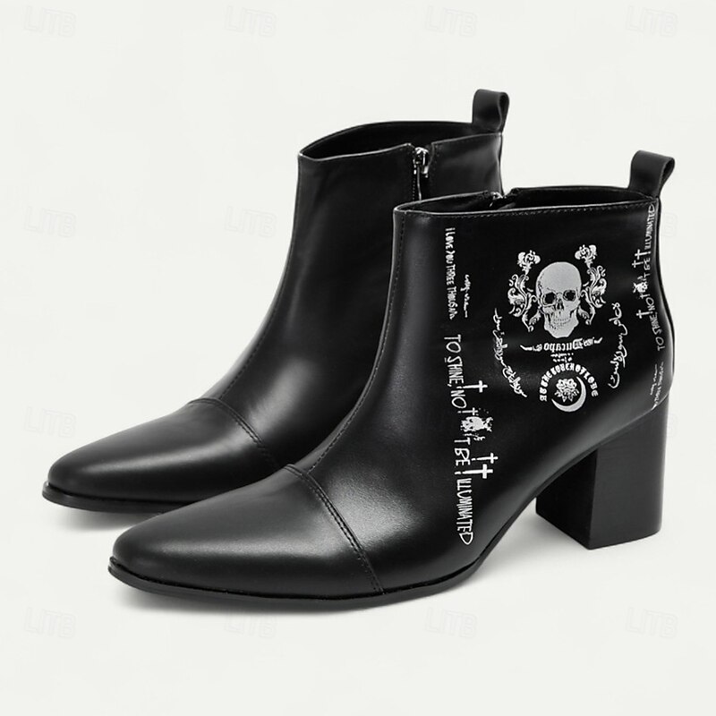 Men's Black Genuine Leather Ankle Boots with Skull Print – Gothic Punk Style Casual Streetwear & Concert Footwear2