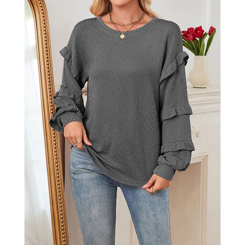 Women's Blouse Striped Modern Casual Long Sleeve Lantern Sleeve Crew Neck Regular Tops Daily Holiday Ruched Black Fall3