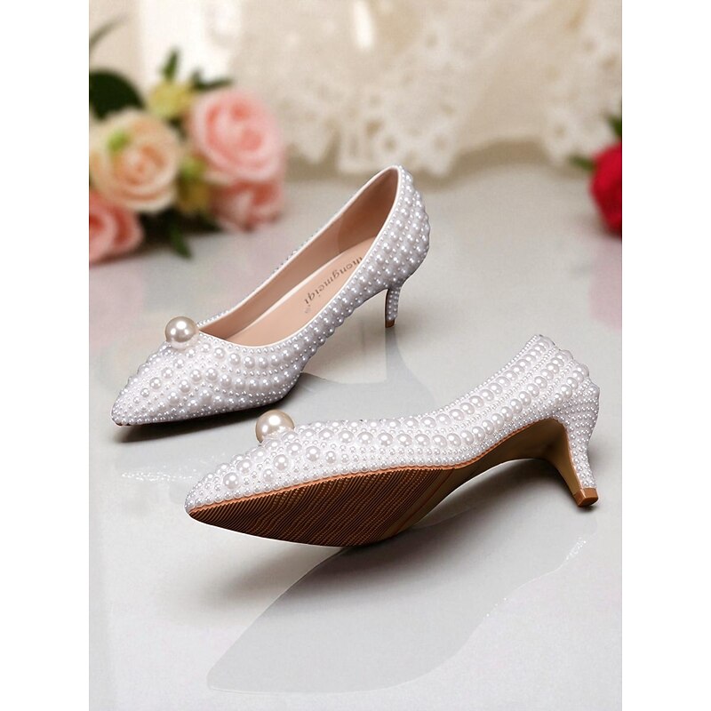 Women's Pearl-Embellished Kitten Heel Pumps and Matching Purse Set - Elegant Bridal Shoes and Purse for Weddings, Special Occasions4
