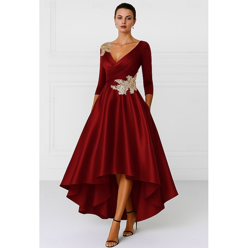 Black Red A-Line Mother of the Bride Dress Elegant V Neck Asymmetrical Satin Long Sleeve with Appliques4