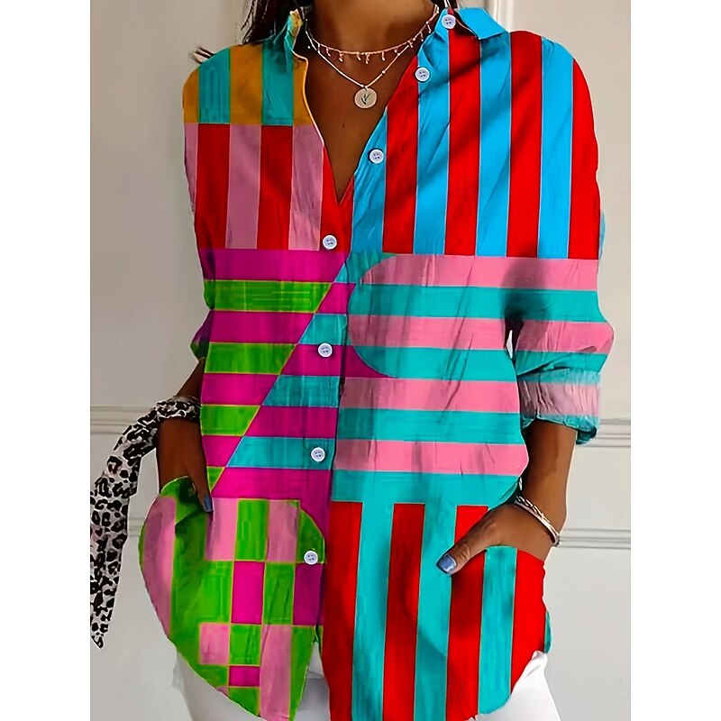 Women's Shirt Floral Graphic Vintage Tropical Stylish Long Sleeve Shirt Collar Regular Tops Work Daily Patchwork Buttons Print Rainbow Summer Spring Fall Winter2