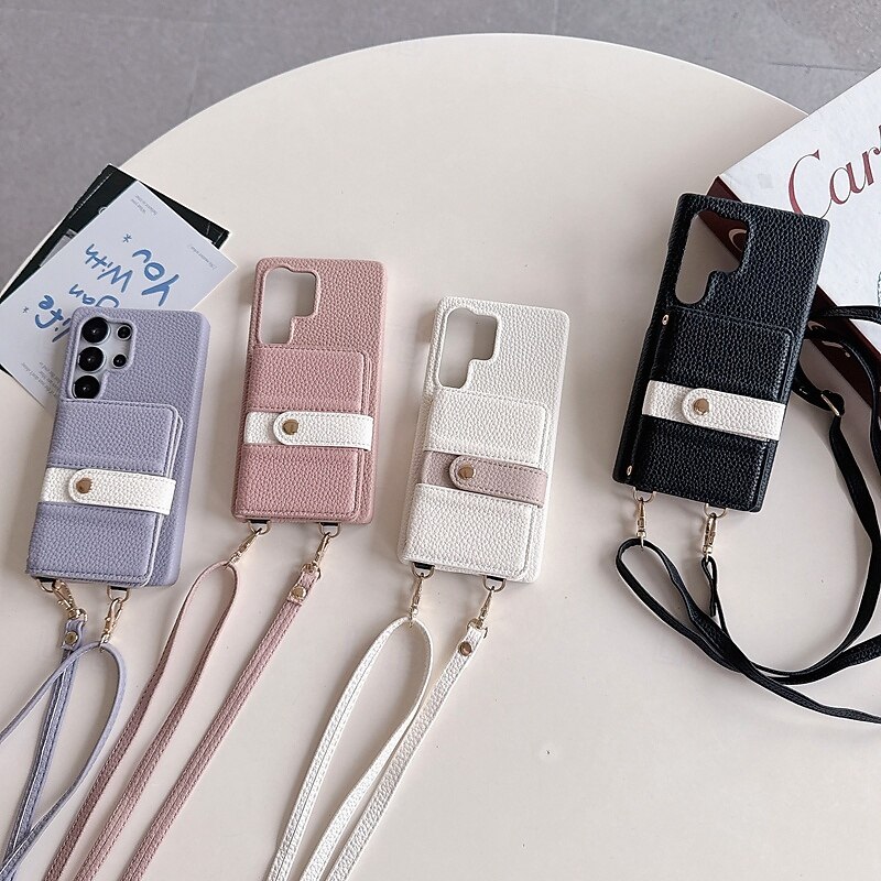 Phone Case For Samsung Galaxy S25 S25 Edge S24 S24 FE S23 Ultra Plus S22 Plus  Ultra A16 A55 5G A35 5G A15 Back Cover with Lanyard Card Slot Shockproof Retro TPU PU Leather3