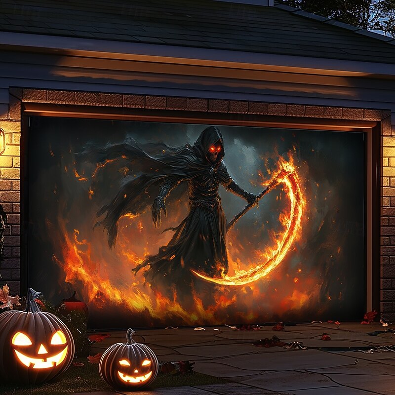Halloween Garage Door Cover Large Hanging Backdrop Grim Reaper Dark Punk Gothic Style Party Outdoor Shooting Backgrounds Front Door Home Decor4