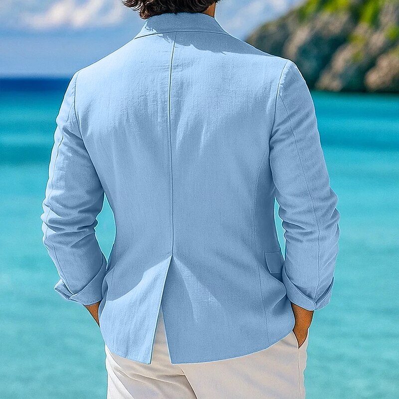 Men's Linen Blazer Sport Coat Closure collar Fashion Lightweight Christmas Ugly Solid Colored Linen Blazer Sky Blue Standard Fit Double Breasted Six-buttons2
