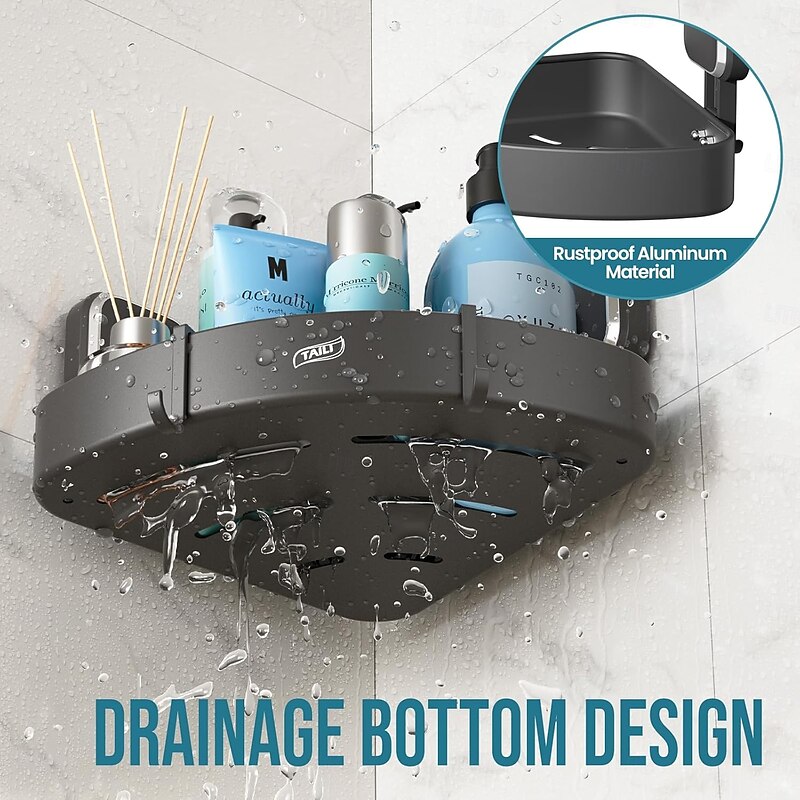 TAILI Corner Shower Caddy with Suction Cup Hooks, Aluminum Corner Shelf Basket, Wall Mounted Organizer Rack for Shampoo, No-Drilling Rustproof for Kitchen and Bathroom4