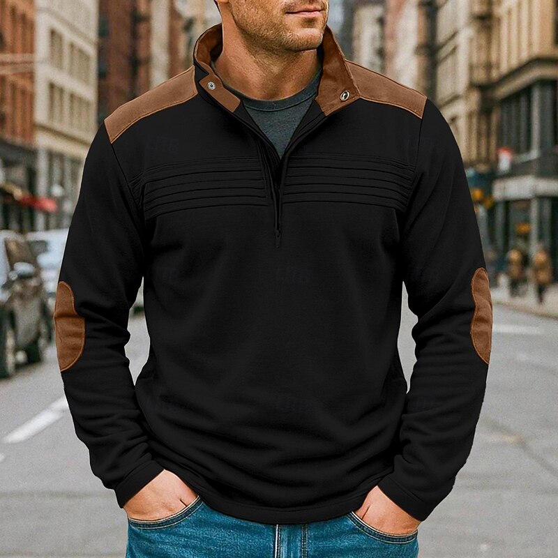 Men's Tee Top Long Sleeve Standing Collar Fall Spring &  Fall Color Block Fashion Designer Basic Patchwork Vacation Street Casual Black Navy Blue khaki Top Tee for Men4