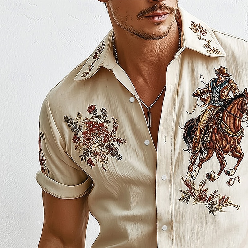 Men's Floral Print Cowboy Flowers Shirt Western Shirt Short Sleeve Vintage Retro Outdoor Vacation Summer Spring Turndown 3D Print Collared Shirts Linen Like Shirt Apricot2