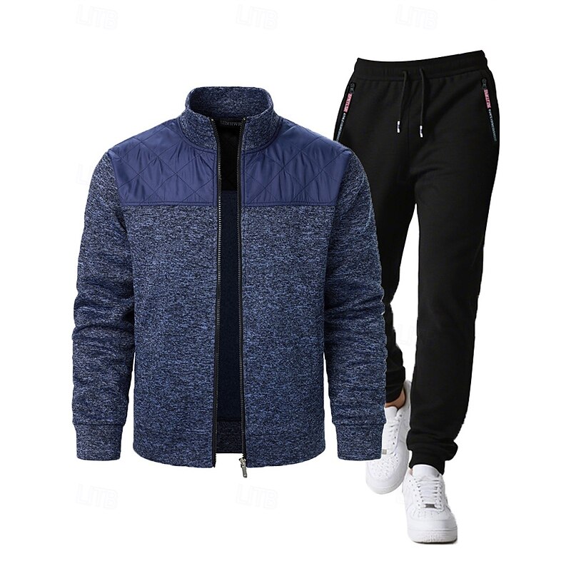 Men's Casual Jacket Set Vacation Daily Breathability Pocket 2 Piece Spring Fall Color Block Fashion Classic Stand Collar Regular Black Wine Navy Blue Light Grey Dark Gray Jacket4
