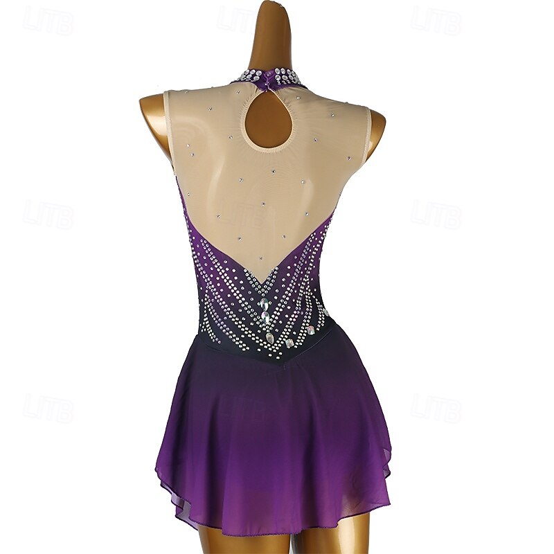 Figure Skating Dress Women's Girls' Ice Skating Dress Purple Blue Black Patchwork Open Back Mesh Spandex High Elasticity Training Practice Professional Skating Wear Classic Crystal / Rhinestone3
