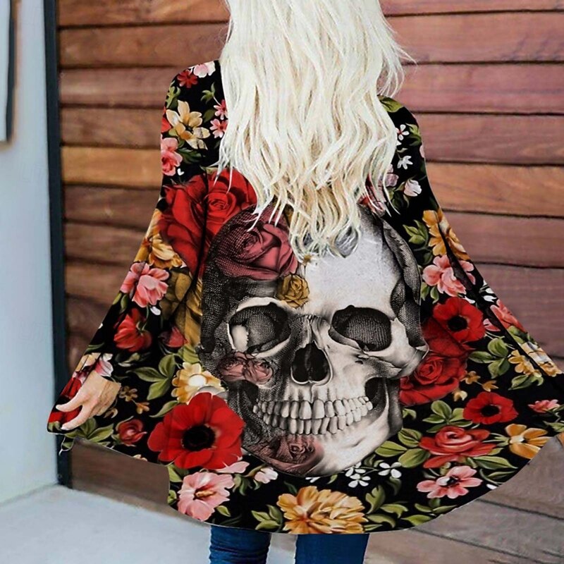 Halloween Women's Casual Jacket Warm Comfortable Skulls Irregular Hem Open Front Elegant Vintage Modern Floral Street Casual Athleisure Daily Long Collarless Long Sleeve Outerwear Gray Pink Black