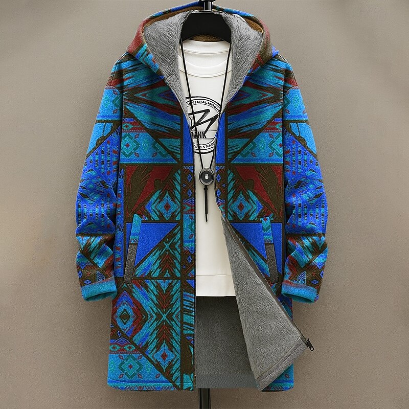 Men's Geometric Winter Coat Fleece Jacket Coat Thermal Warm Comfortable Casual Daily Wear Zipper Pocket 3D Print Fall Winter Hooded Long Sleeve Red Blue Green2