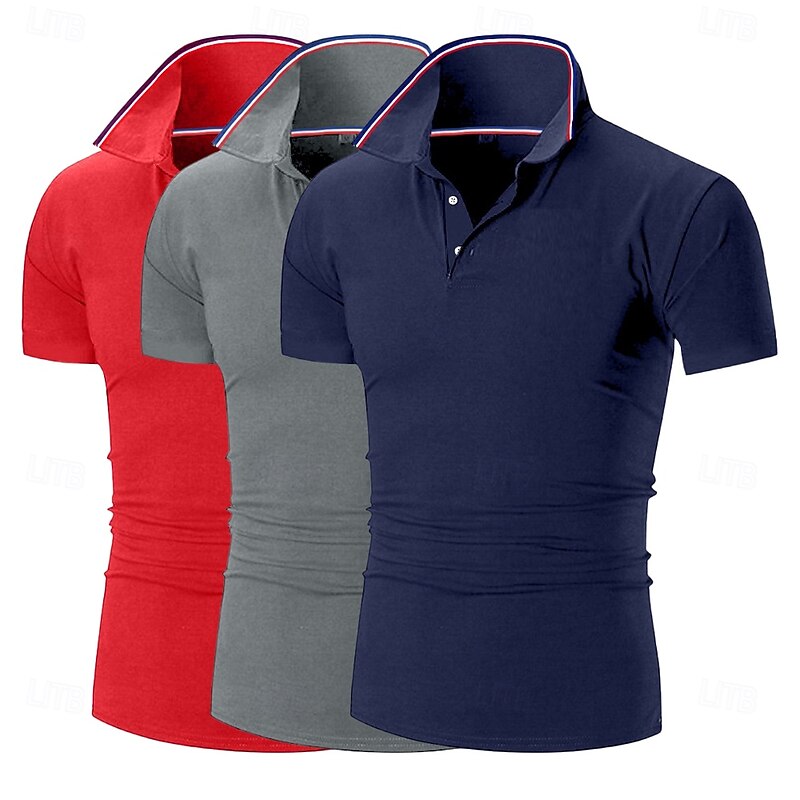 3PCS Men's Golf Shirt Pique Polo Shirt Business Casual Ribbed Polo Collar Short Sleeve Fashion Basic Solid Color Plain 3Piece Buttons Summer Spring Fall All Seasons Slim Fit white blue Golf
