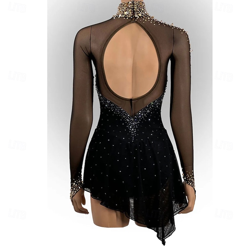 Figure Skating Dress Women's Girls' Ice Skating Dress Black Open Back Asymmetric Hem Mesh High Elasticity Training Competition Skating Wear Classic Crystal / Rhinestone Long Sleeve Ice Skating Figure3