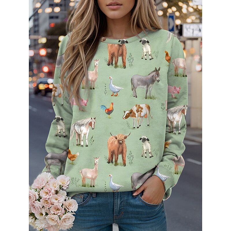 Women's Sweatshirts Graphic Animal Casual Long Sleeve Crew Neck Regular Tops Street Casual Holiday Print Black Yellow Light Green Green Spring Fall Winter3