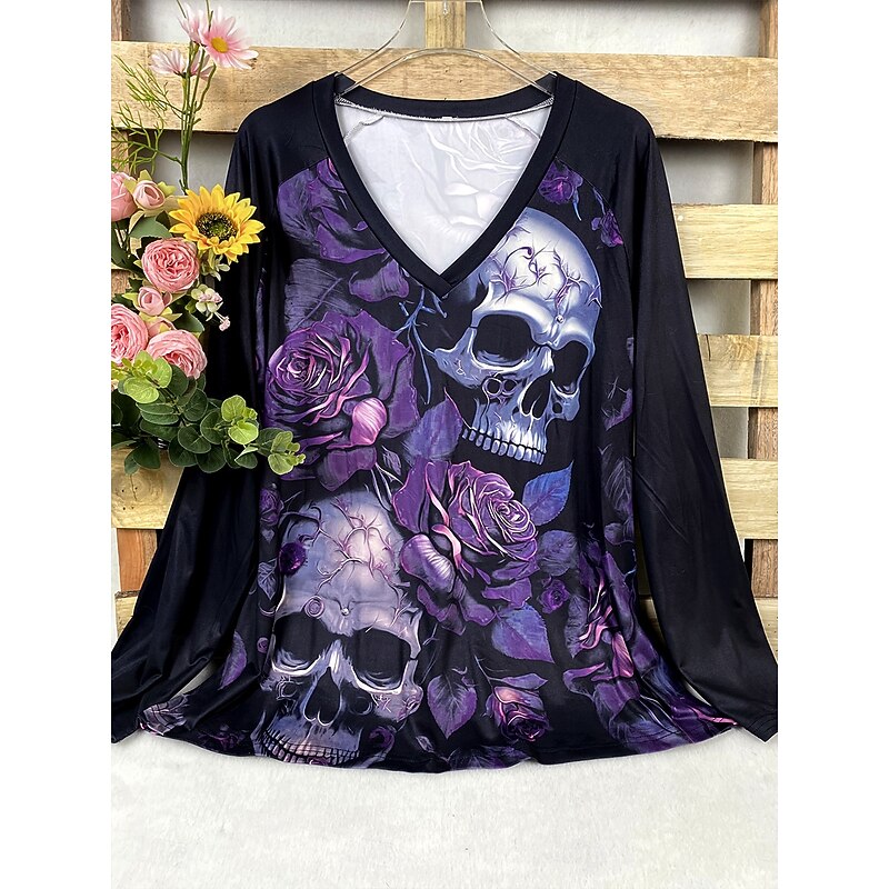 Halloween Women's T Shirt Skulls Floral Graphic Vintage Stylish Classic Long Sleeve V Neck Regular Tops Daily Print Purple Fall Winter3