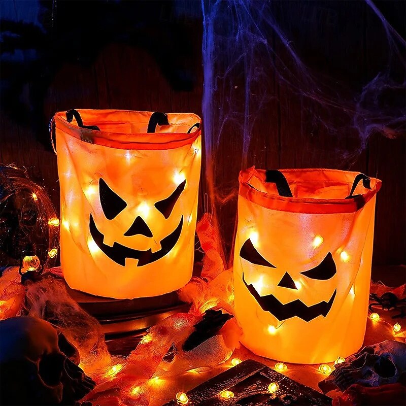 LED Light Halloween Trick or Treat Bucket Pumpkin Candy Bags Collapsible Halloween Basket for Thanksgiving Party Gift Basket3