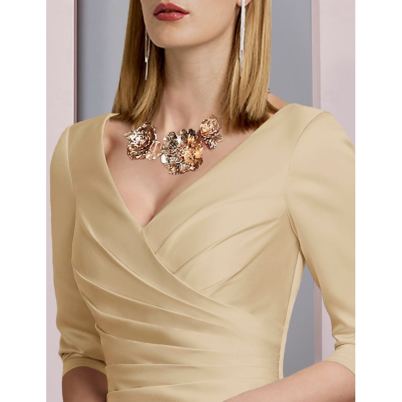 Beach Wedding A-Line Gold Dresses Mother of the Bride Dress Wedding Guest Elegant Vintage Plus Size V Neck Tea Length Satin 3/4 Length Sleeve with Pleats dress to impress free custom size3