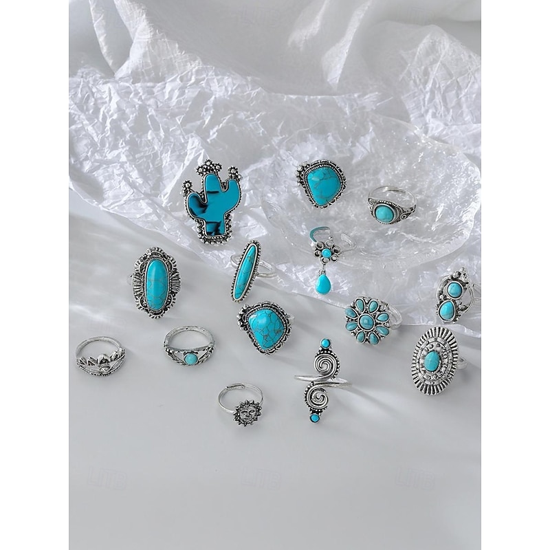 Women's Turquoise Ring Set - Multi-Piece Set of Vintage Bohemian Alloy Jewelry for Women's Holidays, Beach Vacations and Everyday Wear3