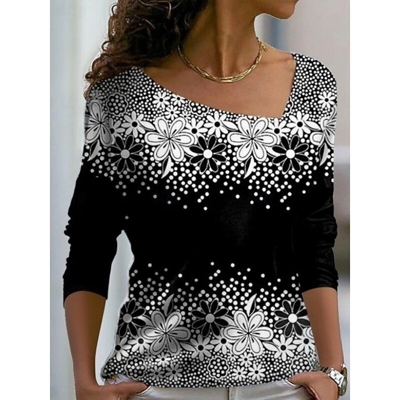 Women's T shirt Long Sleeve Floral Graphic Plants Vintage Stylish Basic Long Sleeve V Neck Off Shoulder Regular Tops Weekend Print Asymmetrical Black Spring, Fall, Winter,  Prefall2