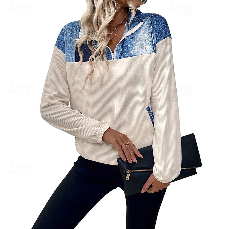 Women's Blouse 3D Daily Stylish Casual Long Sleeve High Neck Regular Tops Work Daily Resort Wear Patchwork 3D Print Print off white Spring Fall Winter3