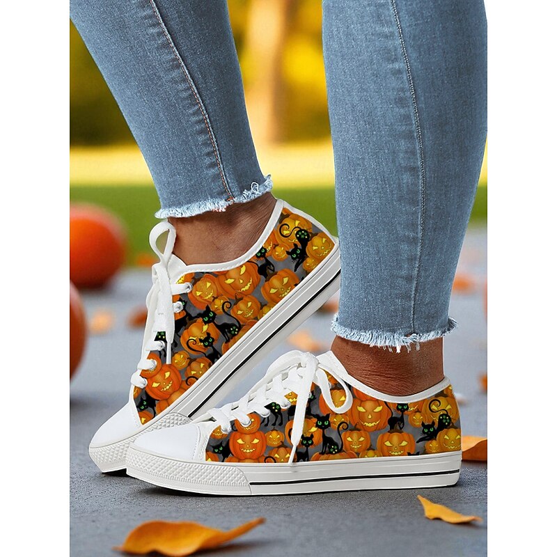 Women's Canvas Lace-Up Sneakers with Pumpkin and Witch Night Sky Print – Halloween Festival and Casual Streetwear Shoes