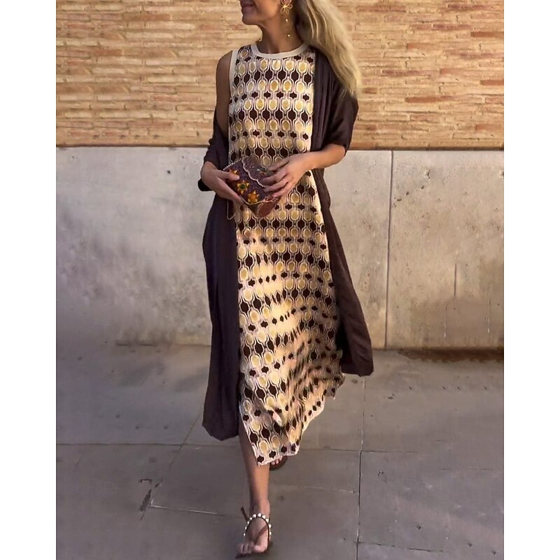 Women's Long Dress Maxi Dress Dress Set Print Dress Fashion Modern Vacation Holiday Weekend Regular Fit Floral 3/4 Length Sleeve Crew Neck Brown Fall3