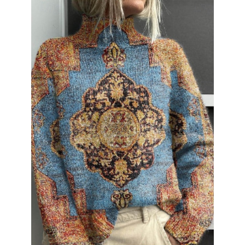 Women's Sweater Casual Soft Floral Ribbed Turtleneck Knitted Print Long Sleeve Regular Tops Knit Outdoor Daily Weekend Red Brown Yellow Fall Winter4