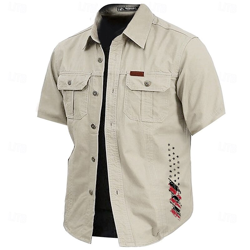 Men's American US Flag Work Shirt Western Shirt Cargo Shirt Short Sleeve Casual Tactical Sports Outdoor WorkWear Summer Spring Turndown Front Two Pockets Cotton Button Up Shirts Army Green Khaki Dark3