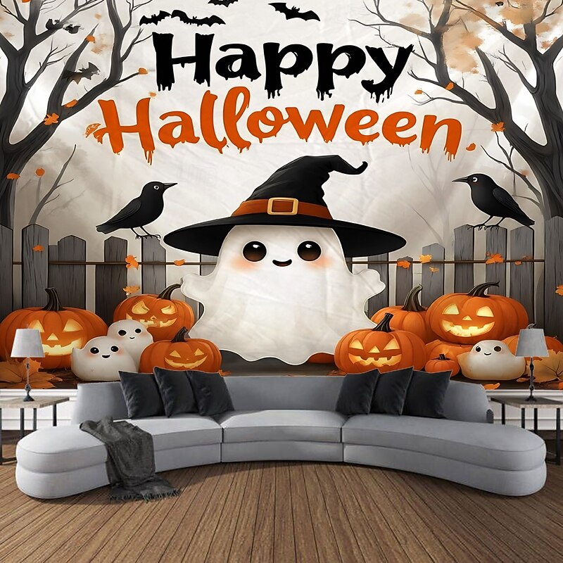 Halloween Photograph Backdrop Tapestry, Ghost and Pumpkin Pattern Wall Hanging, Large Decorative Mural for Bedroom, Living Room, Party, and Home Decoration3