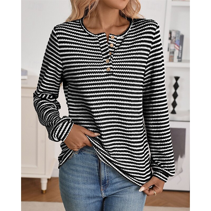 Women's Sweater Pullover Daily Stylish Casual Color Block Ribbed Crew Neck Buttons Knitted Long Sleeve Regular Tops Knit Daily Holiday Going out Black Wine Fall Winter2