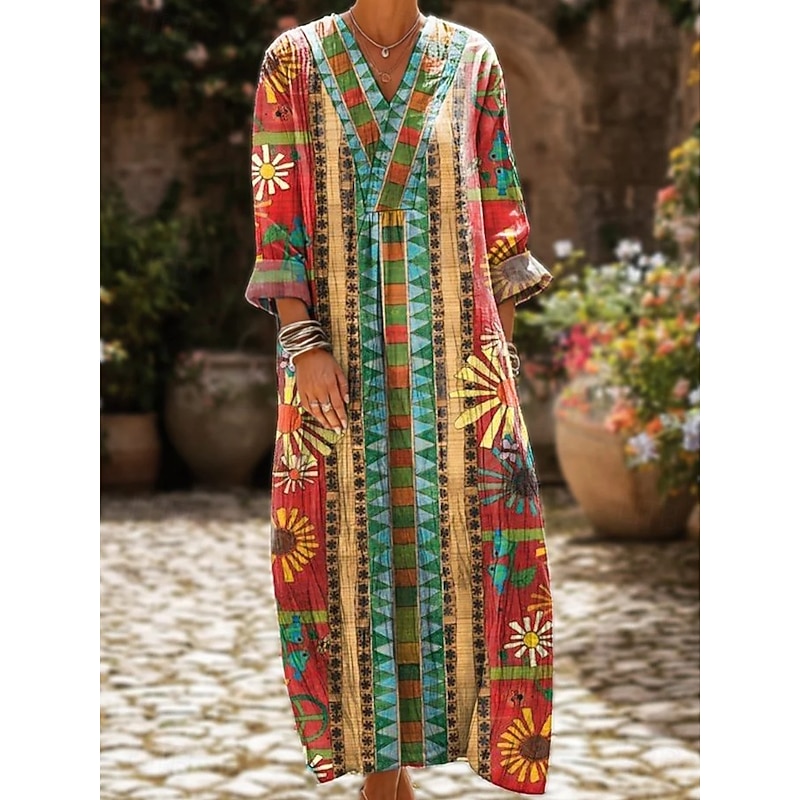 Women's Maxi Dress Sundress A Line Dress Vacation Casual Boho Party Holiday Beach Loose Fit Floral Graphic Geometric Long Sleeve V Neck Yellow Red Fuchsia Orange Summer Spring Fall