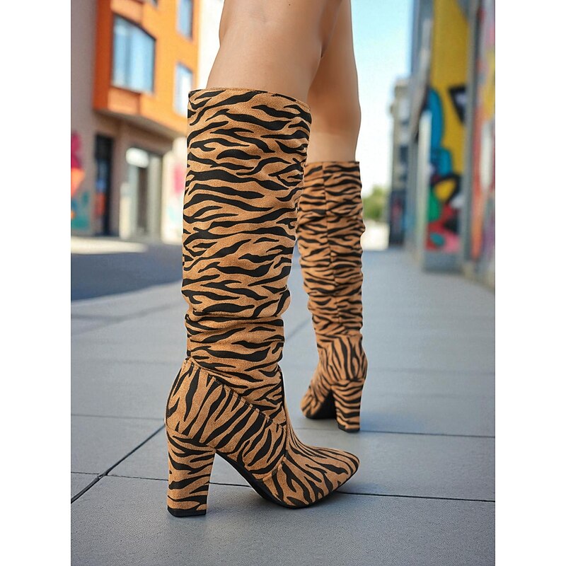 Women's Zebra - Striped Slouchy Knee - High Block Heel Boots - Edgy Streetwear Shoes for Casual Hangouts and Night Events4