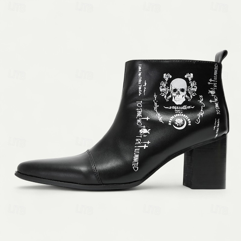 Men's Black Genuine Leather Ankle Boots with Skull Print – Gothic Punk Style Casual Streetwear & Concert Footwear4