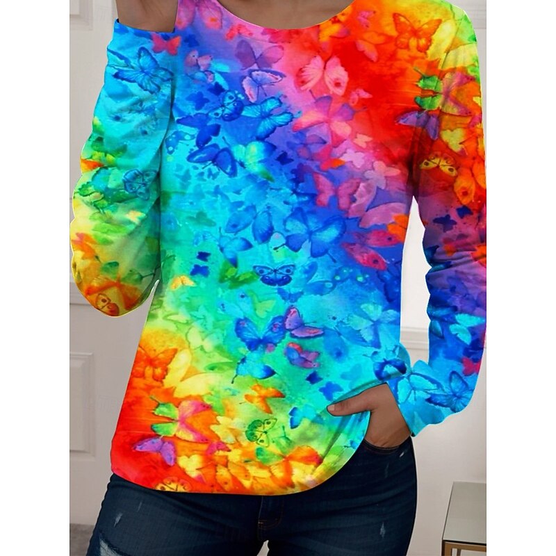 Women's T Shirt Floral Graphic Gradient Elegant Vintage Stylish Long Sleeve Crew Neck Round Neck Regular Tops Daily Going out Weekend Print Rainbow Summer Spring Fall Spring, Fall, Winter, Summer3