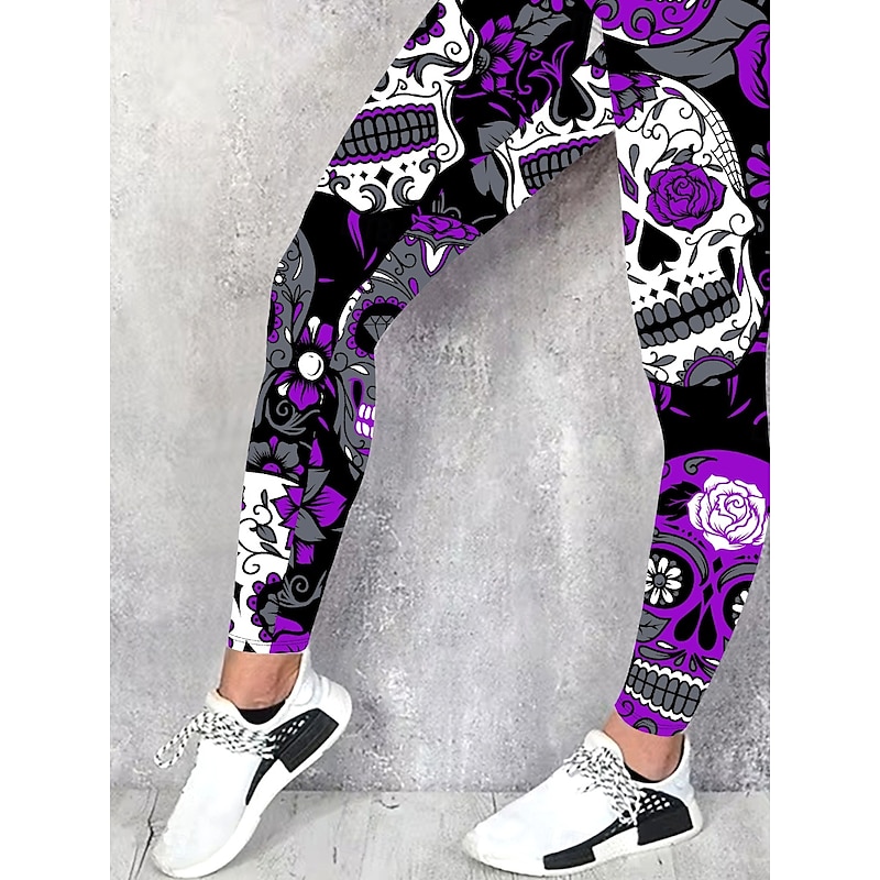 Women's Leggings Vacation Vintage Fashion Full Length High WaistPantsHalloween Graphic Skull Printing Soft Breathable High Elasticity Formal Outdoor Vacation Violet Spring Fall Winter Slim Fit3