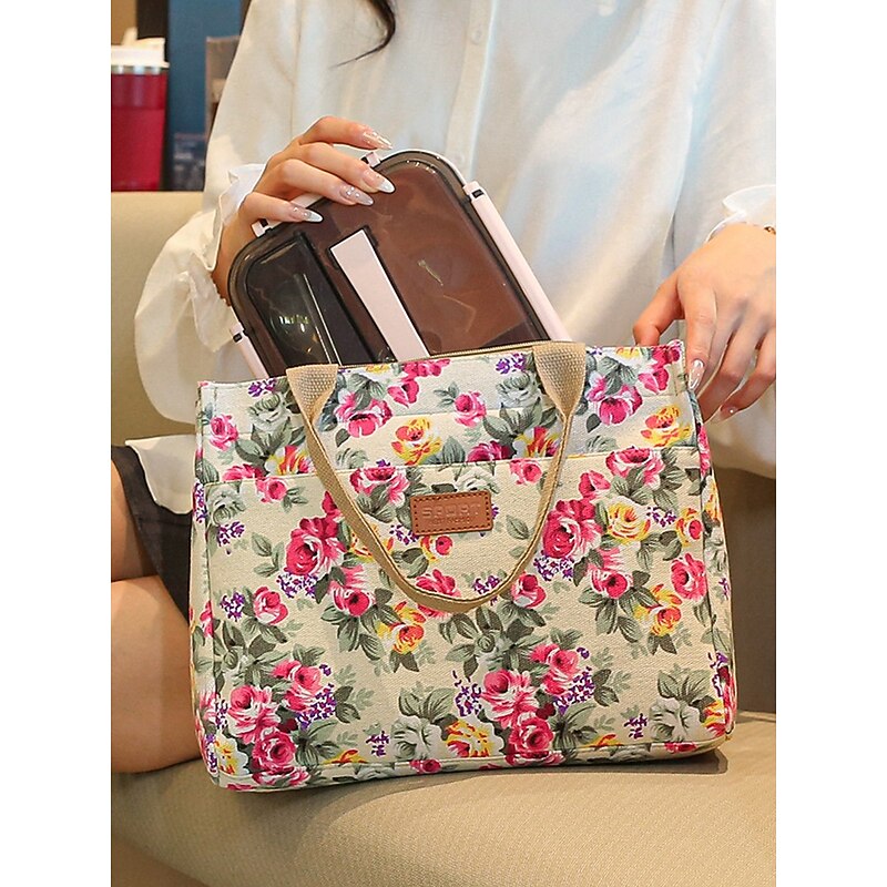 Women's Tote Shoulder Bags Canvas Shopping Casual Casual Daily Zipper Large Capacity Foldable Flower Black White Pink3