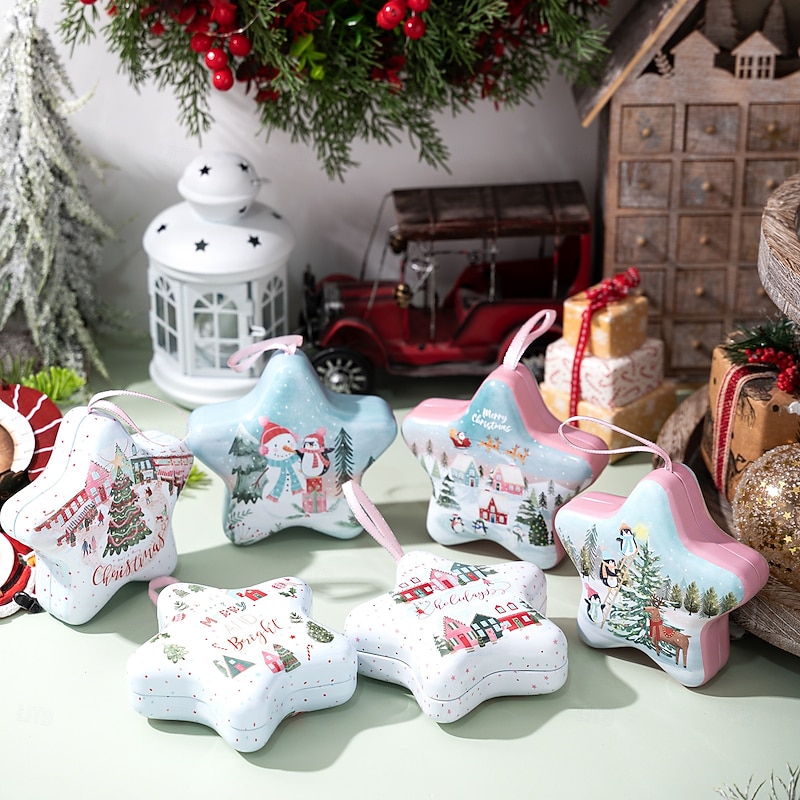 Christmas Candy Tin Box Ornament with Hanging Strap, Cartoon Holiday Storage Container, Xmas Ornament and Gift Box Decoration4