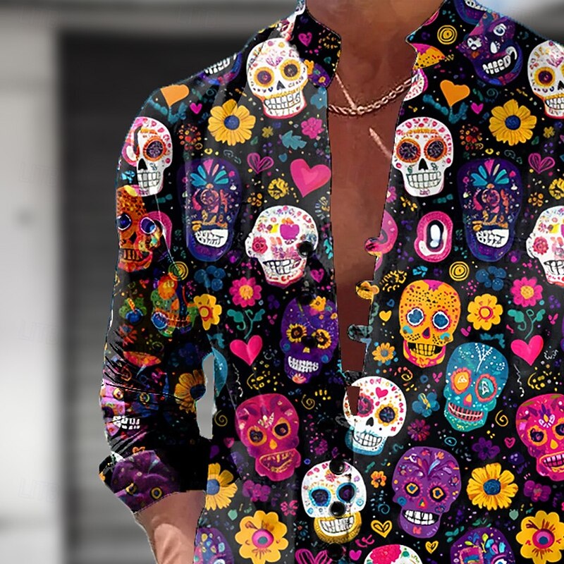 Men's Skull Day of the Dead Rose Shirt Stand Collar Shirt Long Sleeve Dark Gothic Style Outdoor Holiday Spring Fall Mandarin Collar Band Collar Button-Down Linen Like Shirt Blue Purple Green4