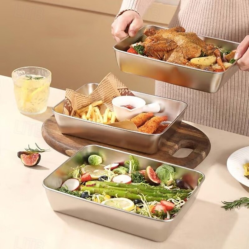 3/5pcs Stainless Steel Square Plate with Lid, Food-Grade Airtight Storage Container, Refrigerator Fruit Box, Kitchen Food Storage Box