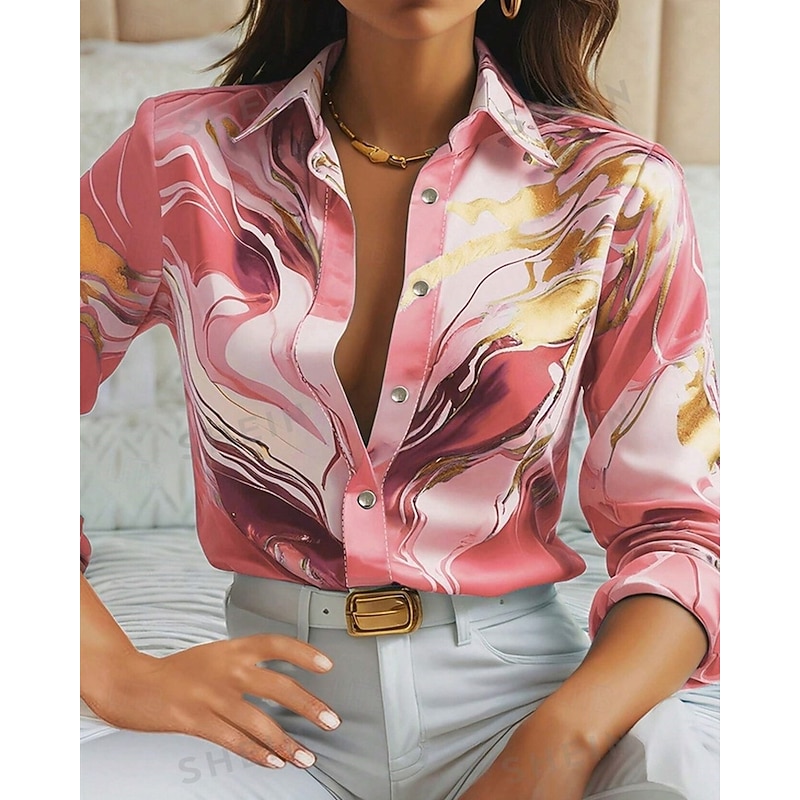 Women's Shirt Graphic Stylish Modern Long Sleeve Shirt Collar Regular Tops Daily Holiday Buttons Print Pink Sky Blue Purple Spring Fall2