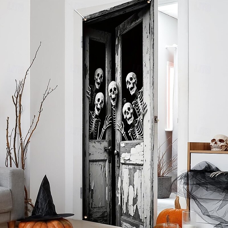 Halloween  Door Covers Creepy Skeletons Behind the Door 2025 Halloween Door Curtain Decoration Backdrop Door Banner for Front Door Farmhouse Holiday Party Indoor Outdoor Decor Supplies2