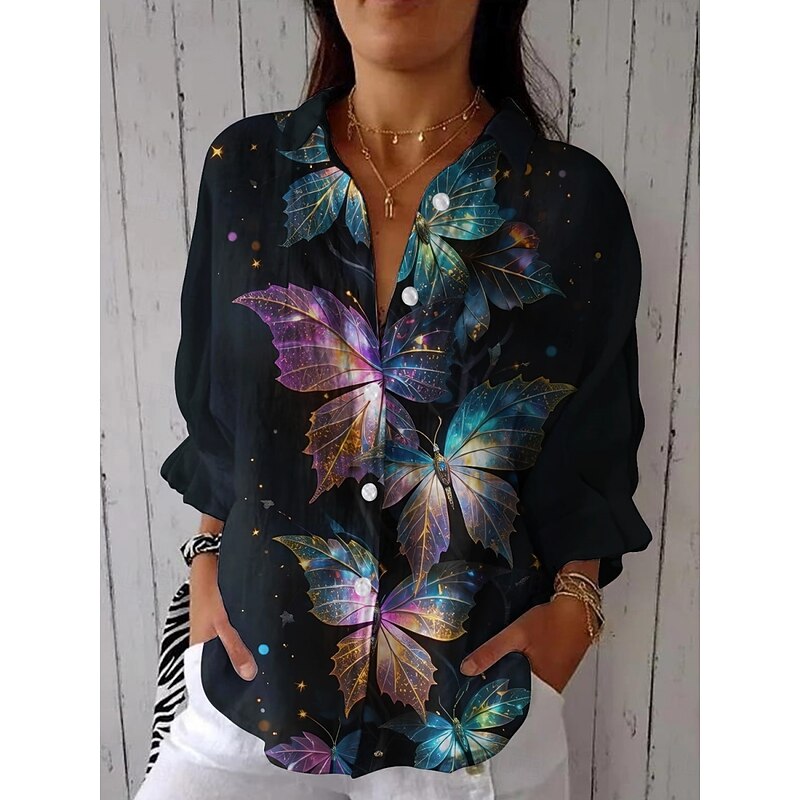 Women's Shirt Butterfly Daily Casual Long Sleeve Shirt Collar Regular Tops Daily Holiday Buttons Print Navy Blue Summer Spring Fall