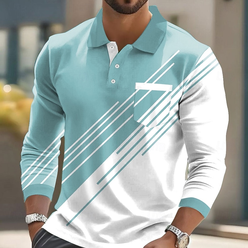 Men's Geometric Polo Long Sleeve Polo Shirts Lapel Business Casual Athleisure Daily Wear Pocket 3D Print Buttons Spring Fall Lake blue Black Blue4