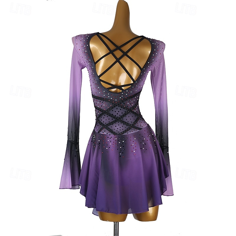 Figure Skating Dress Women's Girls' Ice Skating Dress Purple Blue Black Patchwork Open Back Mesh Spandex High Elasticity Training Practice Professional Skating Wear Classic Crystal / Rhinestone Long4