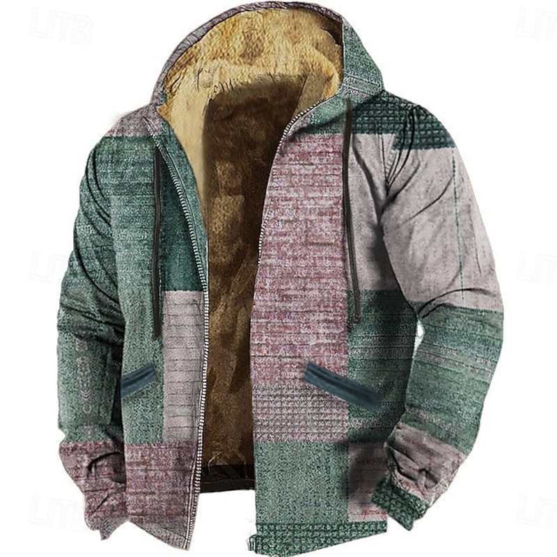 Men's Geometric Color Block Patchwork Fleece Hoodie Sweatshirt Vintage Retro Long Sleeve Crew Neck Outdoor Streetwear Navy Blue Blue Drawstring Fall Winter Designer3